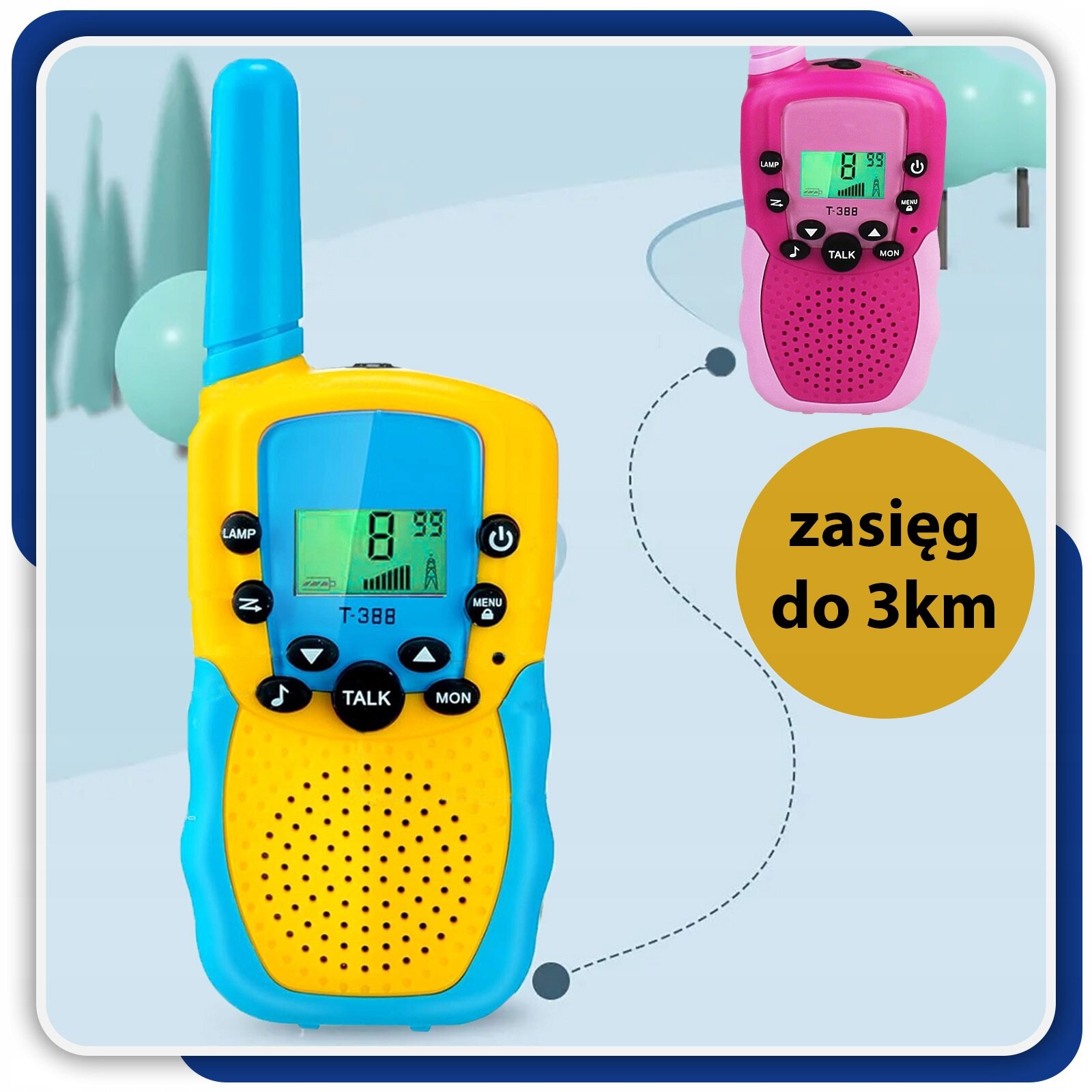 Na obrazku widoczne są dwie krótkofalówki w kolorach żółto-niebieskim i różowo-fioletowym z wyświetlaczem LCD. Obok znajduje się napis \'zasięg do 3km\'.