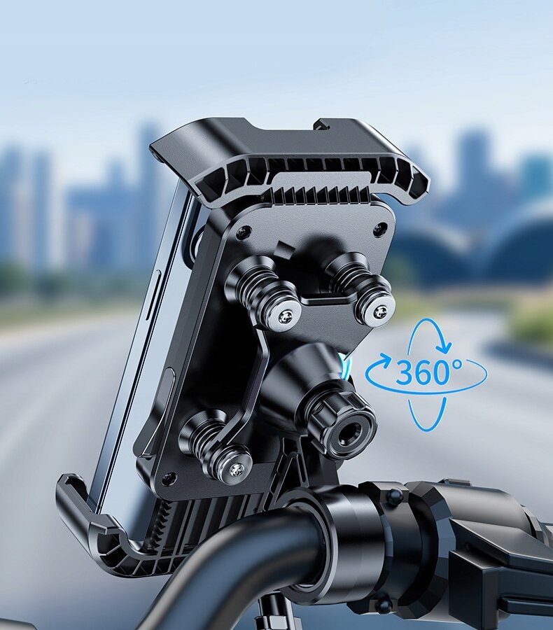 Na obrazie widoczny jest uchwyt rowerowy lub motocyklowy na telefon, zamocowany na kierownicy. Obok uchwytu znajduje się symbol 360° wskazujący możliwość obrotu.