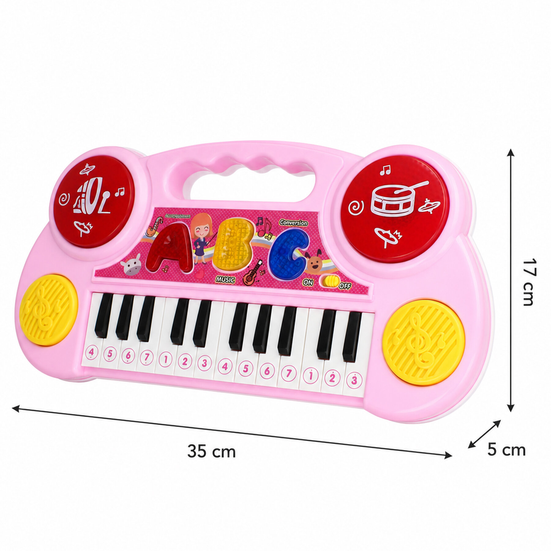 Różowe interaktywne pianinko dla dzieci z kolorowymi przyciskami i klawiszami, ozdobione literami A, B, C oraz rysunkami zwierząt i nut. Wymiary pianinka to 35 cm x 17 cm x 5 cm.