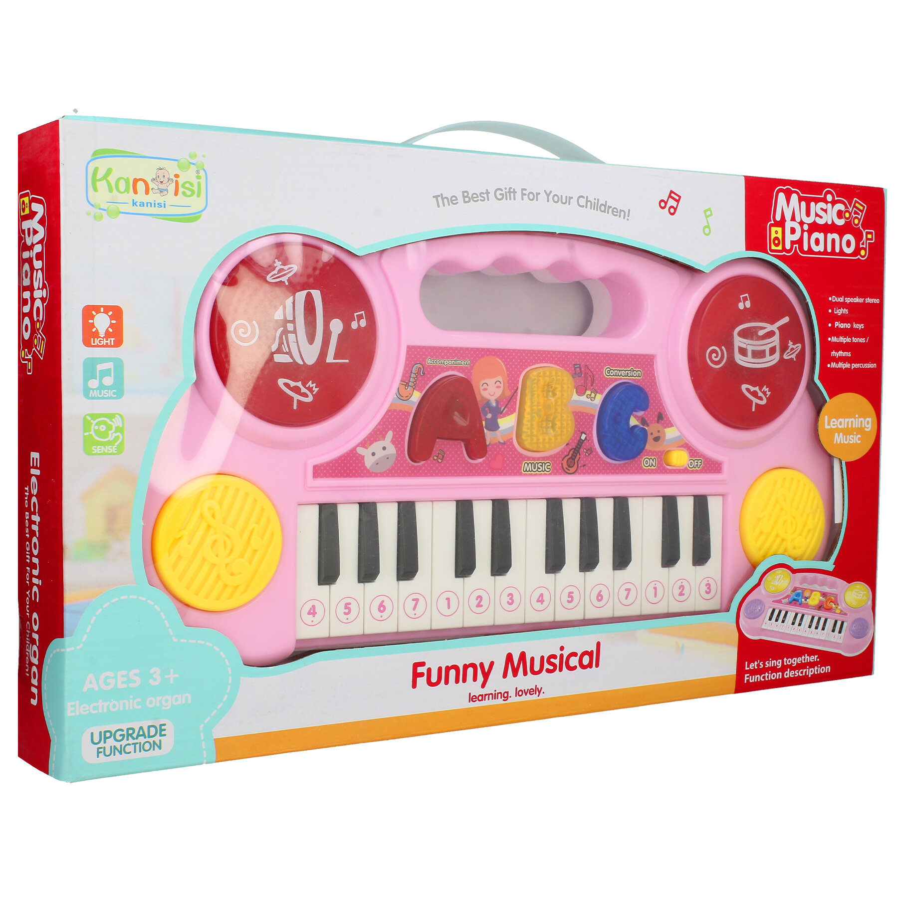 Różowe edukacyjne pianinko muzyczne dla dzieci z klawiszami i kolorowymi przyciskami w kształcie liter ABC. Opakowanie zawiera napisy: \'Funny Musical\', \'AGES 3+\', \'Electronic organ\', \'UPGRADE FUNCTION\', \'The Best Gift For Your Children\', \'Music Piano\'.