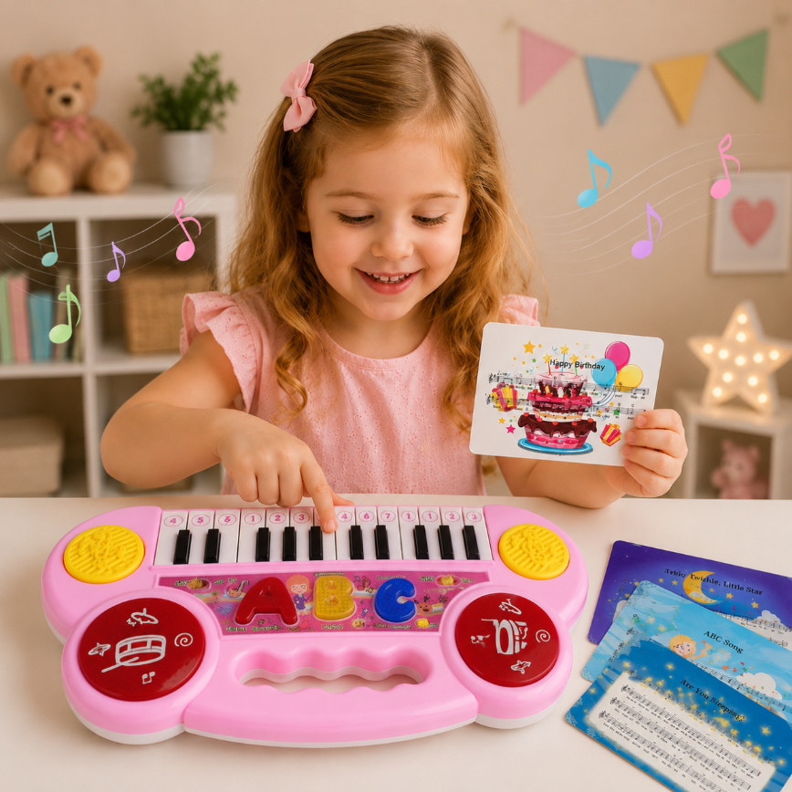 Dziewczynka bawi się różowym edukacyjnym pianinkiem z klawiszami oznaczonymi literami i cyframi oraz trzyma kartkę z napisem \'Happy Birthday\'. W tle widać pluszowego misia, książki i kolorowe girlandy.