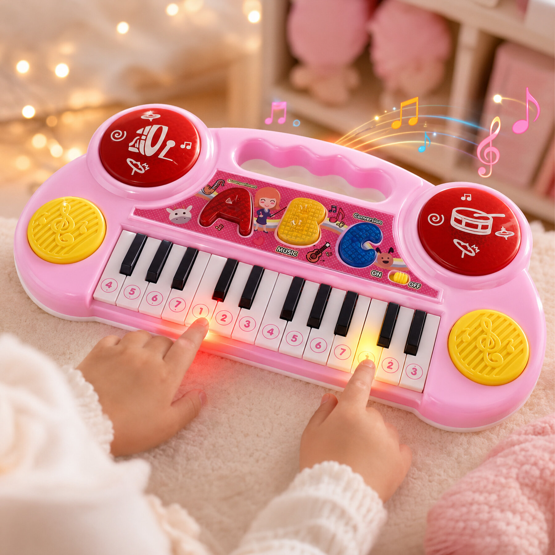 Różowe interaktywne pianinko dla dzieci z kolorowymi przyciskami i klawiszami oznaczonymi numerami. Na pianinku widoczne są litery \'A\', \'B\', \'C\' oraz symbole muzyczne i zwierzątka.