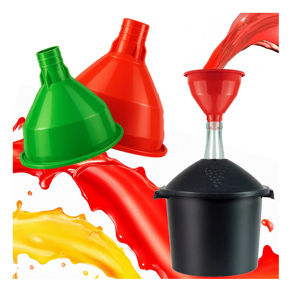 Na obrazie widoczne są trzy plastikowe lejki w kolorach zielonym, czerwonym i czarnym. Czerwony lejek jest używany do nalewania czerwonego płynu do czarnego pojemnika.