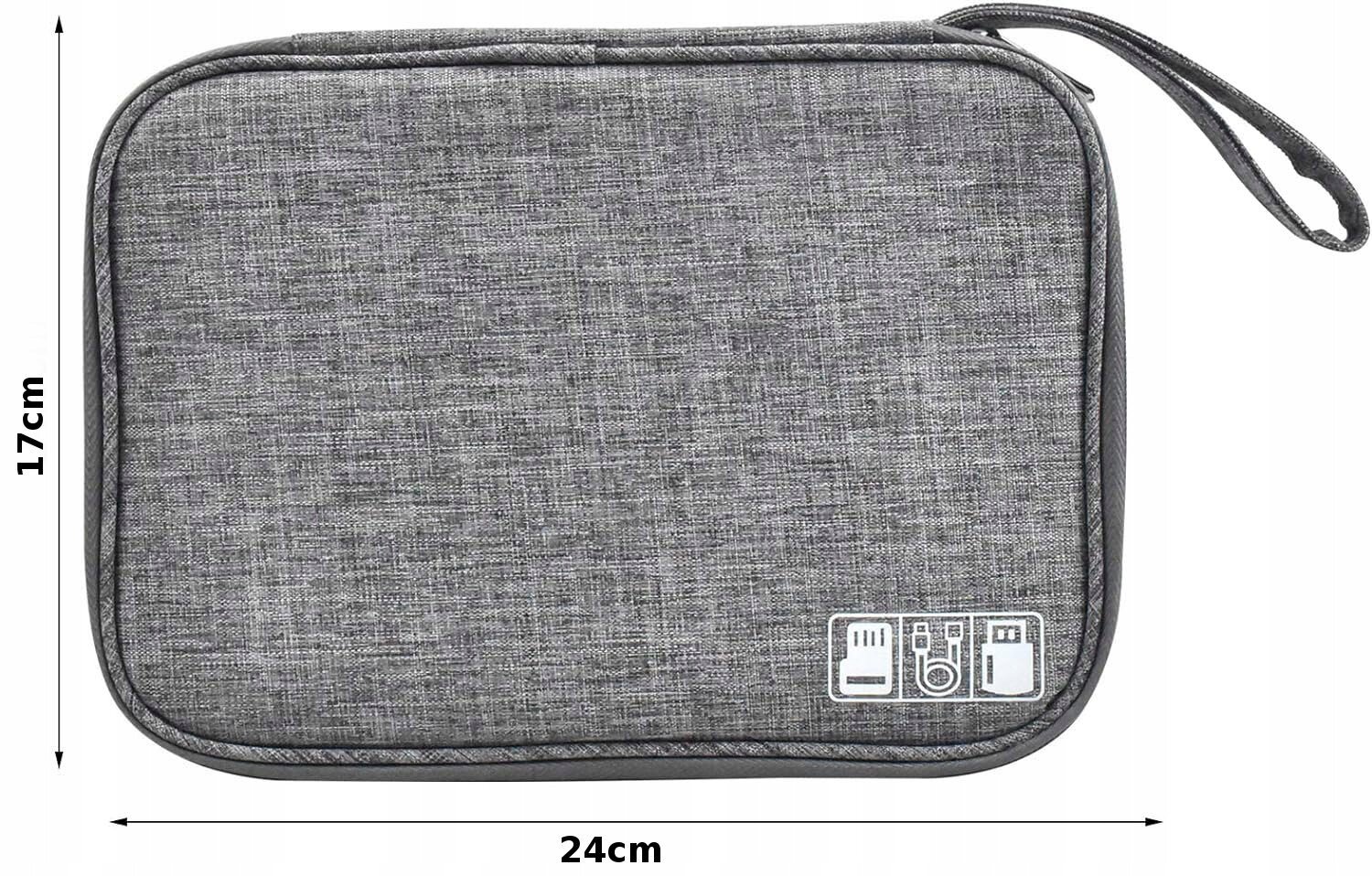 Szare etui organizer na kable i ładowarki z uchwytem, o wymiarach 24 cm na 17 cm. Na etui znajdują się białe ikony przedstawiające kable i karty pamięci.
