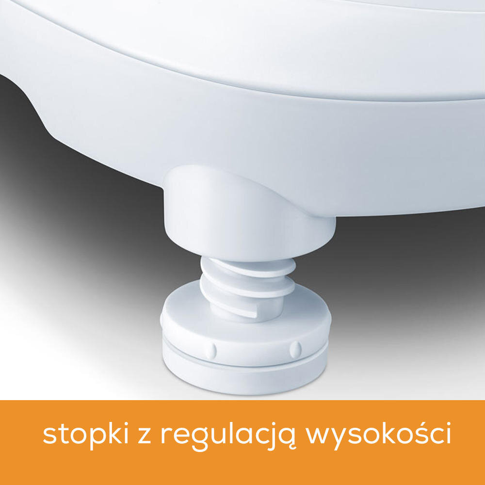 Biała stopka z regulacją wysokości na tle szarej powierzchni. Na dole widoczny pomarańczowy pasek z napisem \'stopki z regulacją wysokości\'.