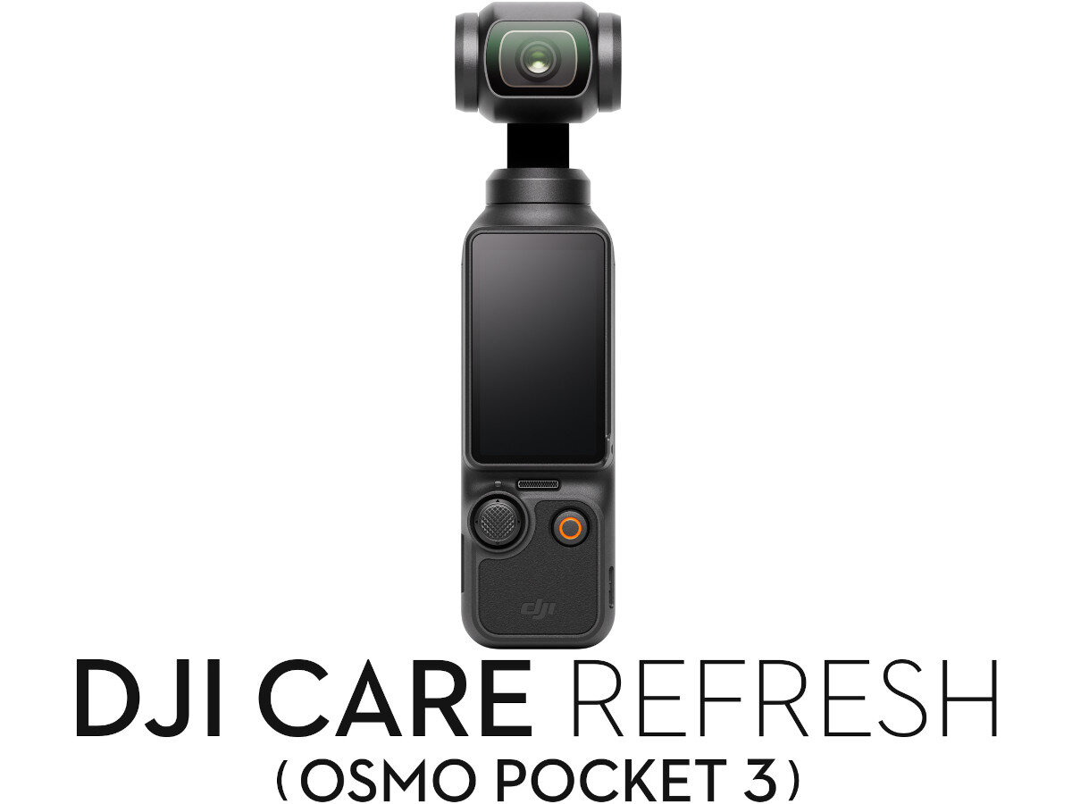 Na obrazie widoczny jest czarny, kompaktowy gimbal z ekranem i przyciskami. Poniżej znajduje się tekst: \'DJI CARE REFRESH (OSMO POCKET 3)\'.