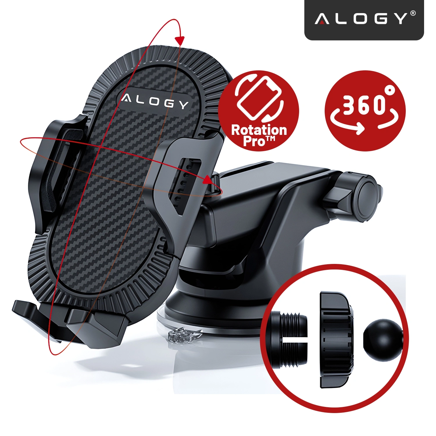 Uchwyt do telefonu z logo \'Alogy\', posiadający funkcję obrotu 360 stopni i oznaczenie \'Rotation Pro\'.