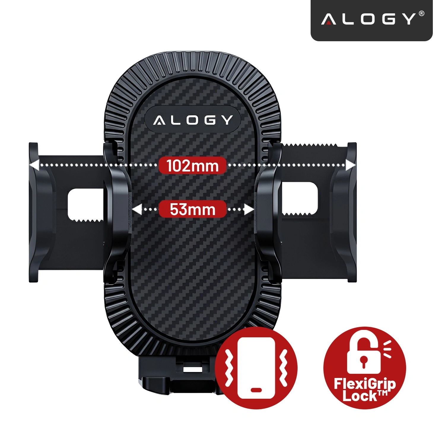 Uchwyt do telefonu z logo Alogy, z regulacją szerokości od 53mm do 102mm. Widoczne są ikony z napisem \'FlexiGrip Lock™\'.
