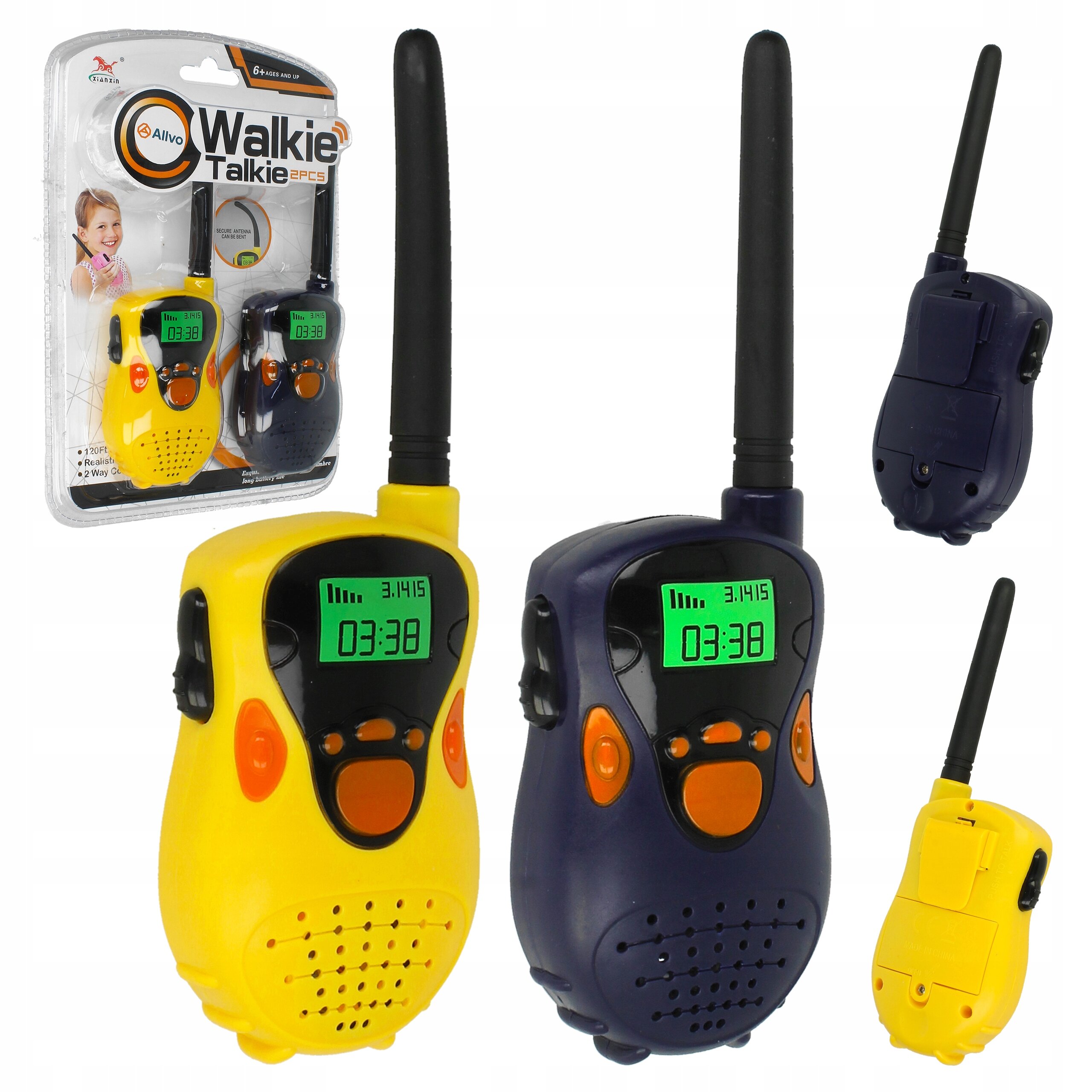Zestaw dwóch krótkofalówek dla dzieci w kolorach żółtym i granatowym, z wyświetlaczem pokazującym godzinę 03:38. Opakowanie zawiera logo \'Alivo Walkie Talkie\' i zdjęcie dziecka.