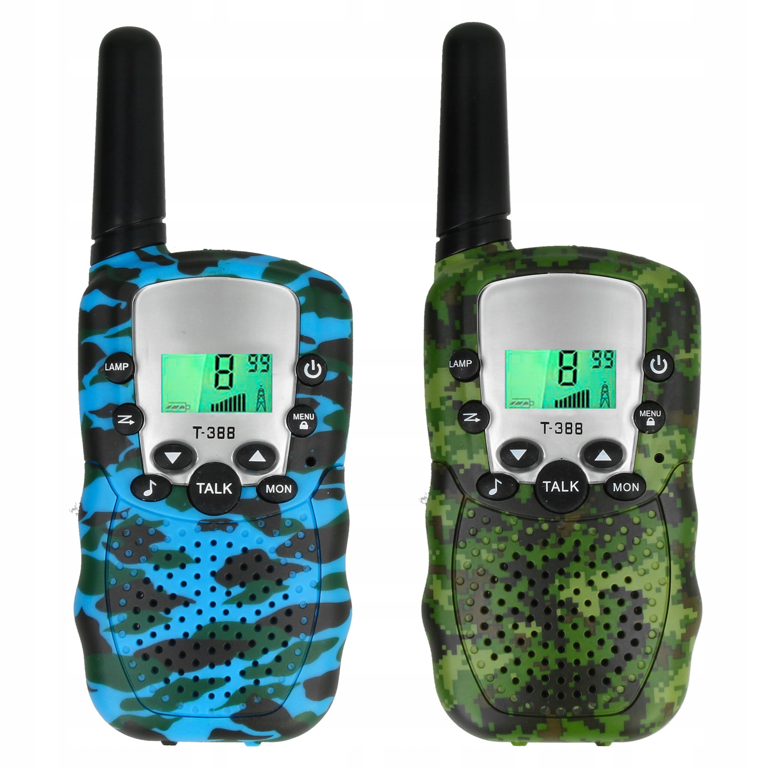 Dwa walkie talkie w kamuflażu, jedno w kolorze niebieskim, drugie zielonym, z wyświetlaczem LCD pokazującym numer kanału i ikonę sygnału. Na obudowie widoczne są przyciski z oznaczeniami: LAMP, MENU, TALK, MON oraz napis T-388.