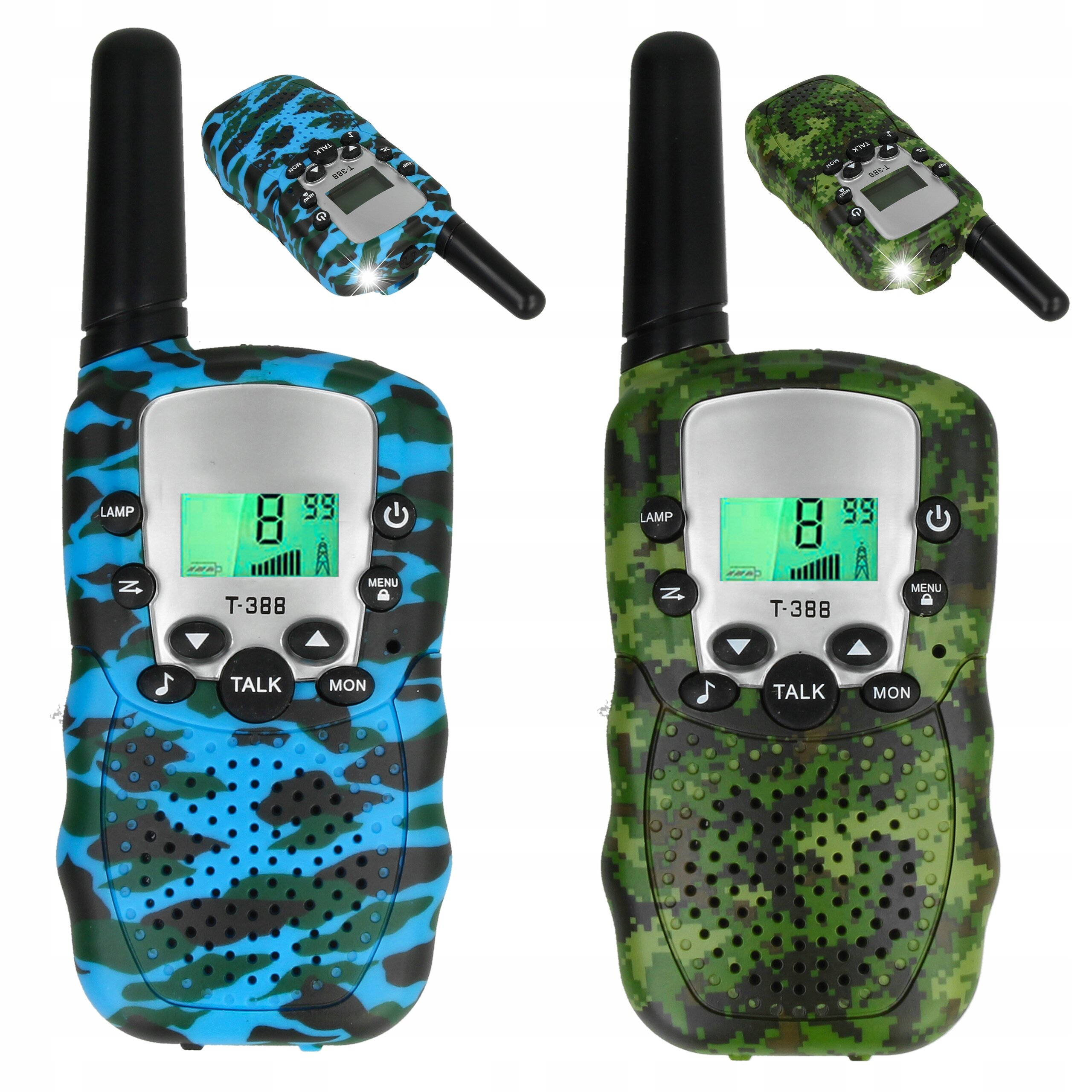Na obrazie widoczne są dwa walkie talkie w kolorach niebieskim i zielonym z kamuflażowym wzorem. Oba urządzenia mają wyświetlacze LCD z widoczną cyfrą \'8\' oraz przyciski oznaczone m.in. jako \'TALK\' i \'MENU\'.