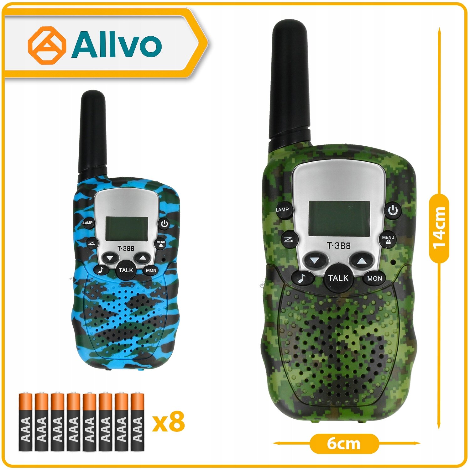 Na obrazie znajdują się dwa walkie talkie w kolorach niebieskim i zielonym z wyświetlaczami LCD oraz przyciskami funkcyjnymi. Obok widocznych jest osiem baterii AAA i logo \'Allvo\'.