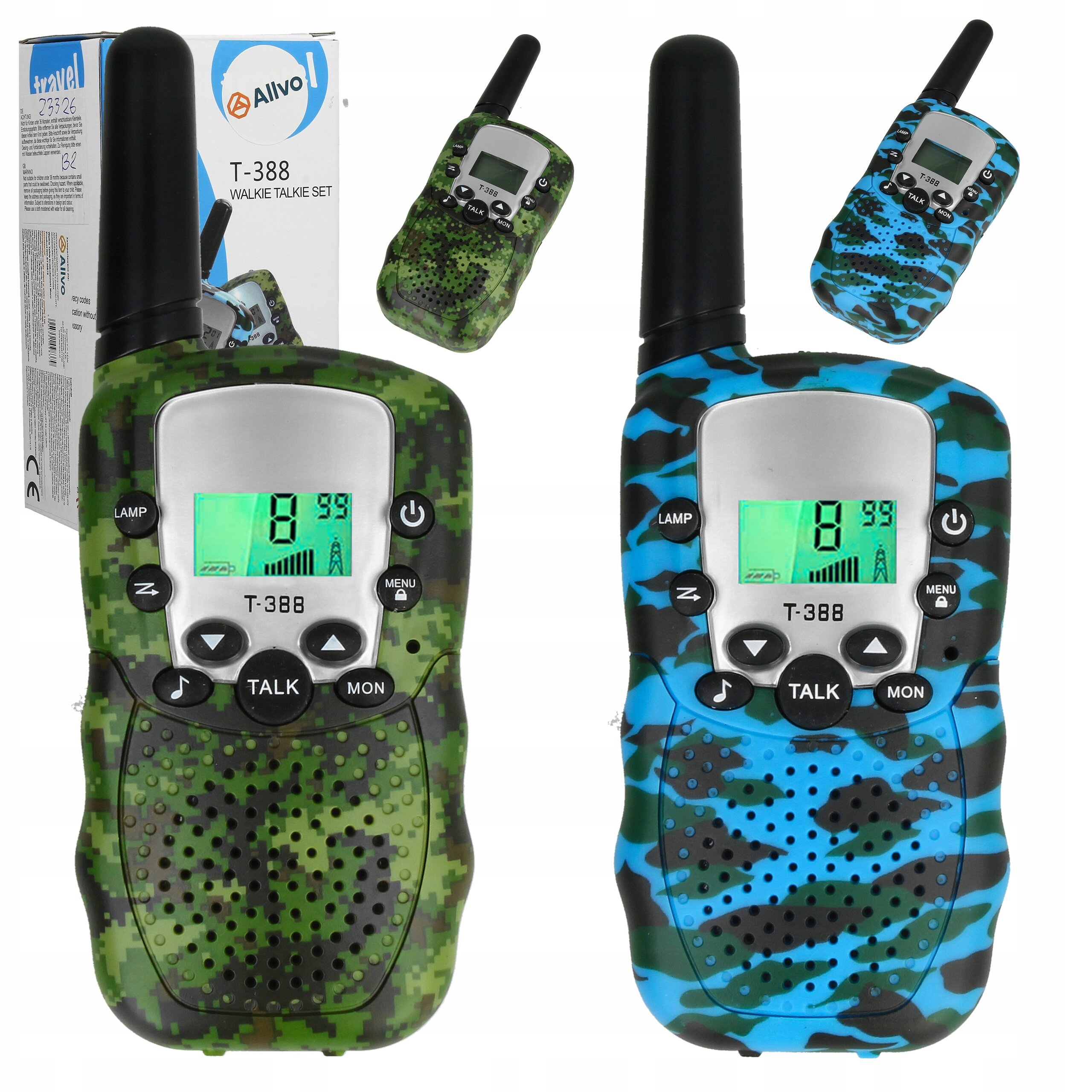 Dwa walkie talkie w kolorach zielonym i niebieskim z kamuflażowym wzorem, z wyświetlaczem LCD i przyciskami funkcyjnymi. Na opakowaniu widoczne jest logo \'Alivo\' oraz napis \'T-388 Walkie Talkie Set\'.