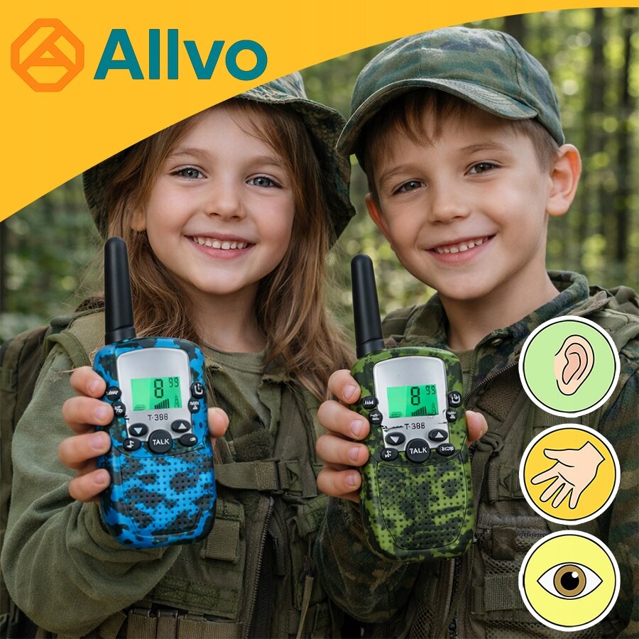 Dwoje dzieci trzyma zestaw walkie talkie w kolorach niebieskim i zielonym z wyświetlaczem LCD. W górnej części obrazu widoczne jest logo \'Allvo\'.