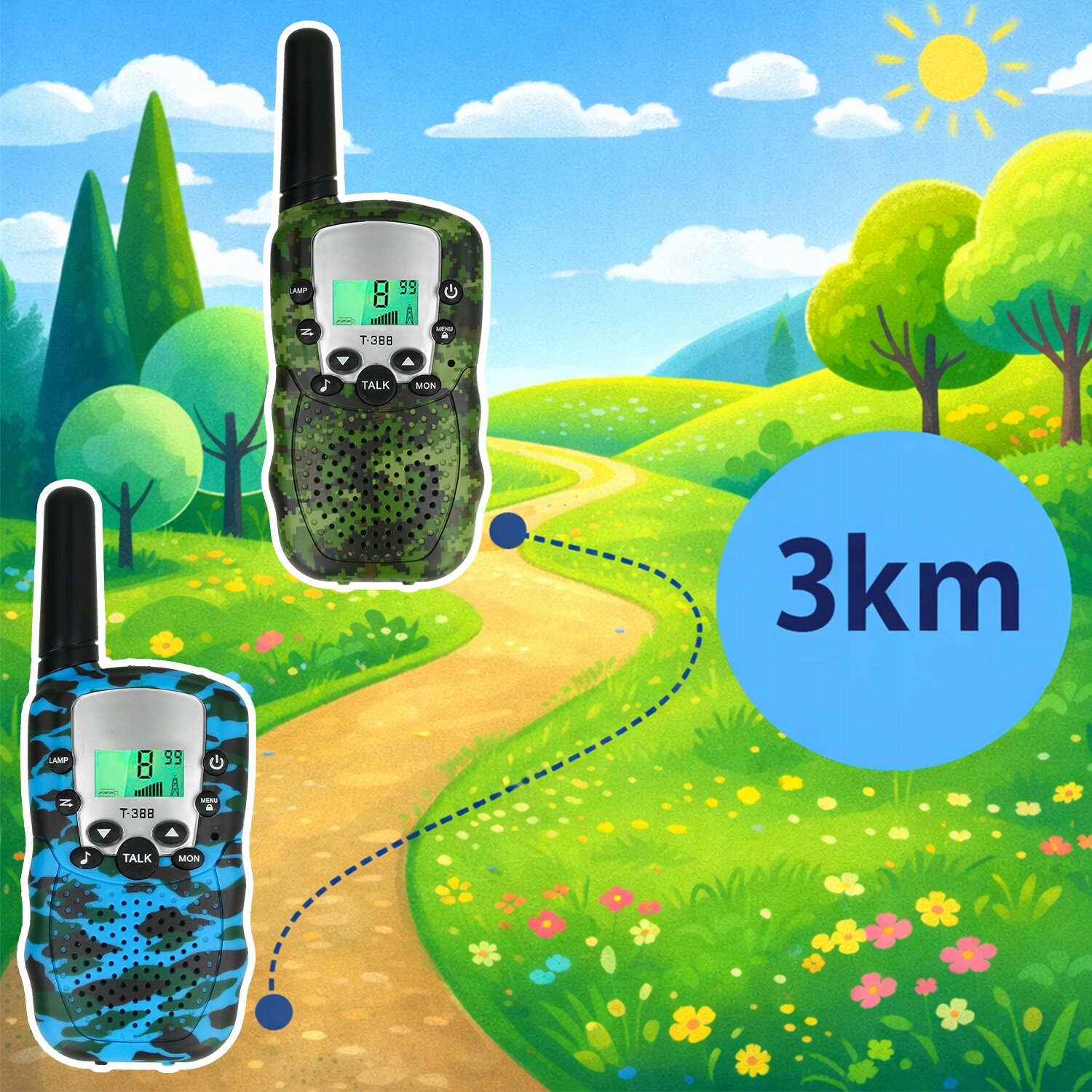 Na ilustracji znajdują się dwa walkie talkie w kolorach zielonym i niebieskim, umieszczone na tle kolorowego krajobrazu z drogą, drzewami i słońcem. Obok widoczny jest napis \'3km\'.