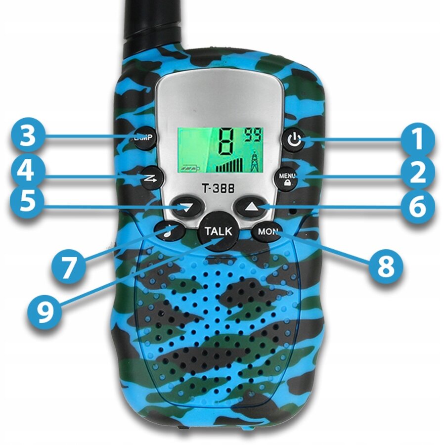 Walkie talkie w niebiesko-czarnym kamuflażu z wyświetlaczem LCD pokazującym numer kanału i ikonę sygnału. Na obudowie widoczne są przyciski z oznaczeniami: T-388, TALK, MON, oraz symbole strzałek i menu.