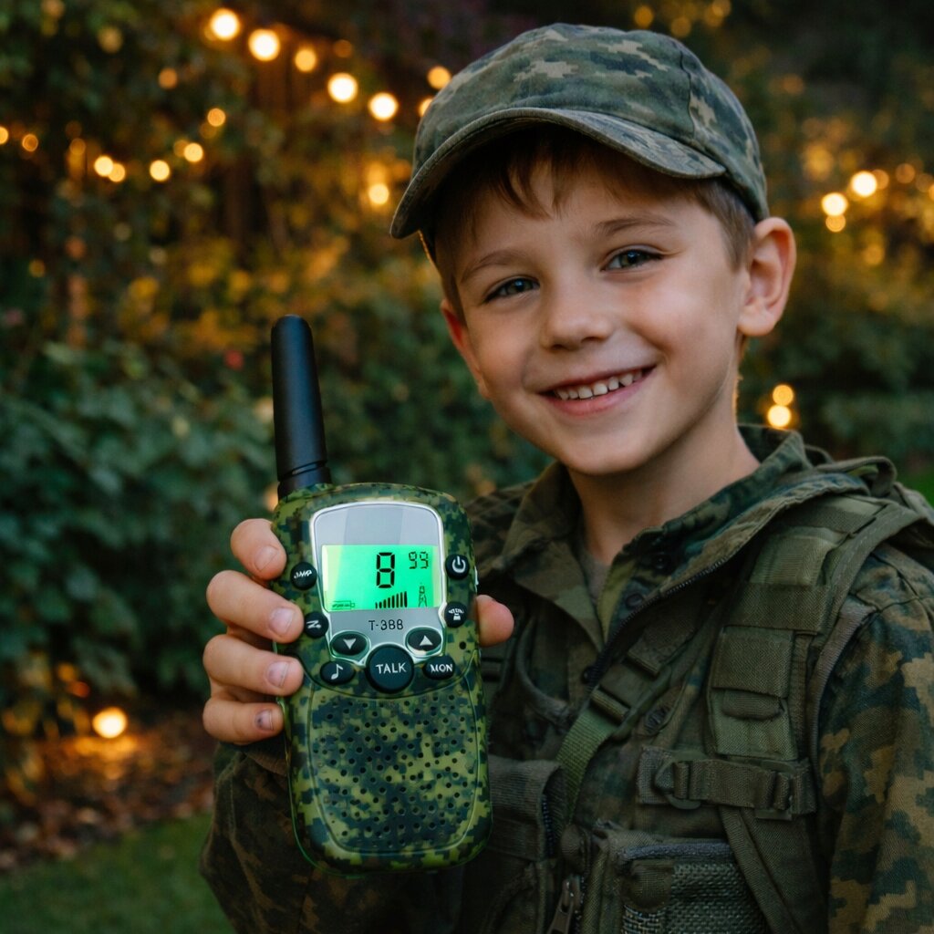 Dziecko w stroju moro trzyma walkie talkie z wyświetlaczem pokazującym cyfrę 8 i kilka ikon. W tle widoczne są rozmyte światła i roślinność.