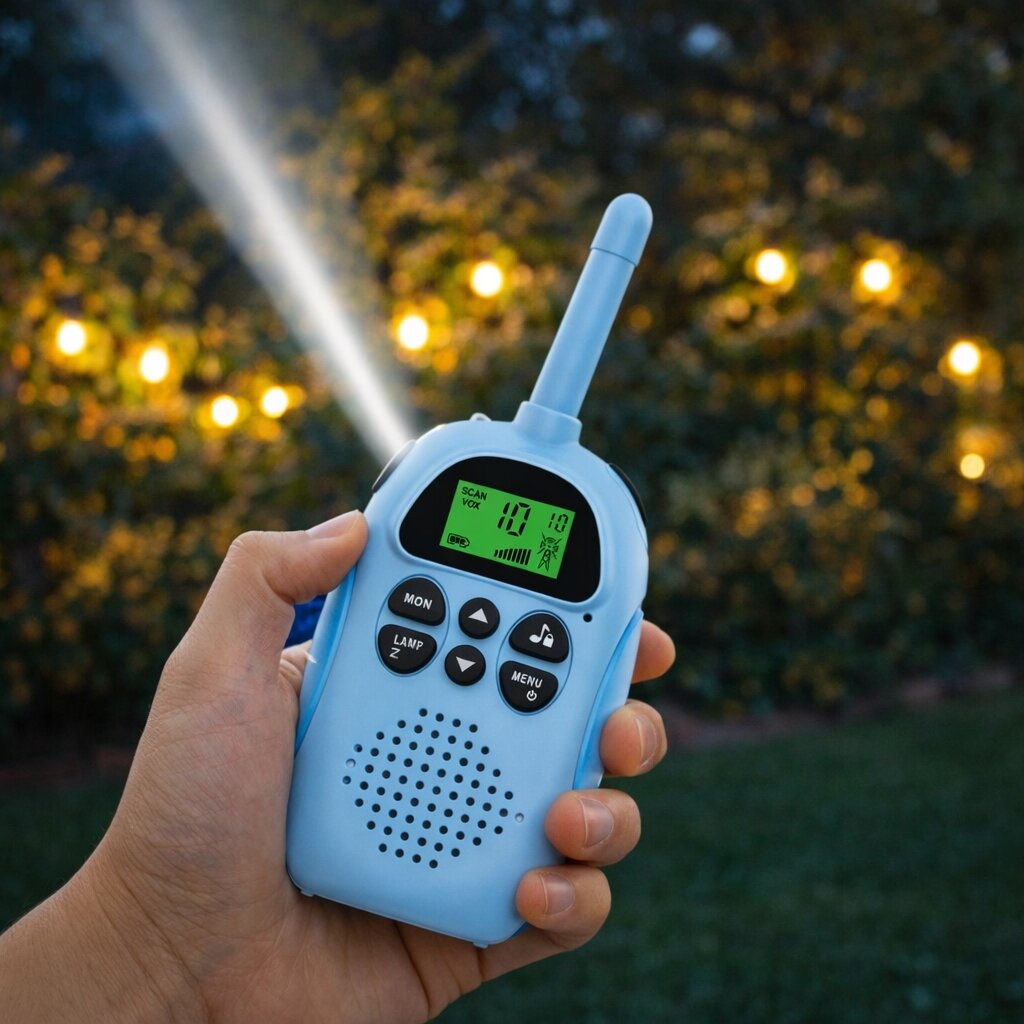 Osoba trzyma niebieską krótkofalówkę z włączoną latarką LED, na której wyświetlaczu widoczny jest tekst \'SCAN VOX 101\'. W tle znajdują się rozmyte światła, prawdopodobnie lampki ogrodowe.