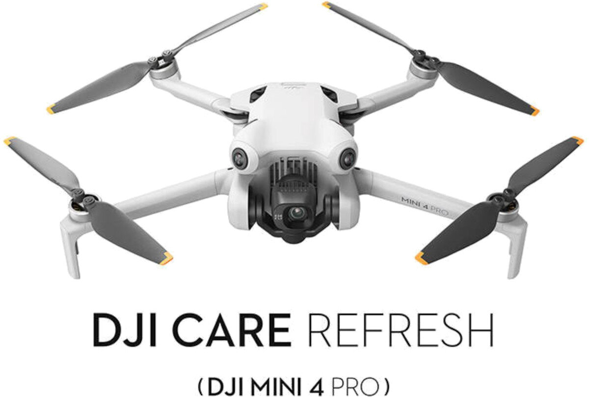 Na obrazie widoczny jest biały dron z czterema śmigłami, oznaczony jako MINI 4 PRO. Poniżej znajduje się tekst: \'DJI CARE REFRESH (DJI MINI 4 PRO)\'.