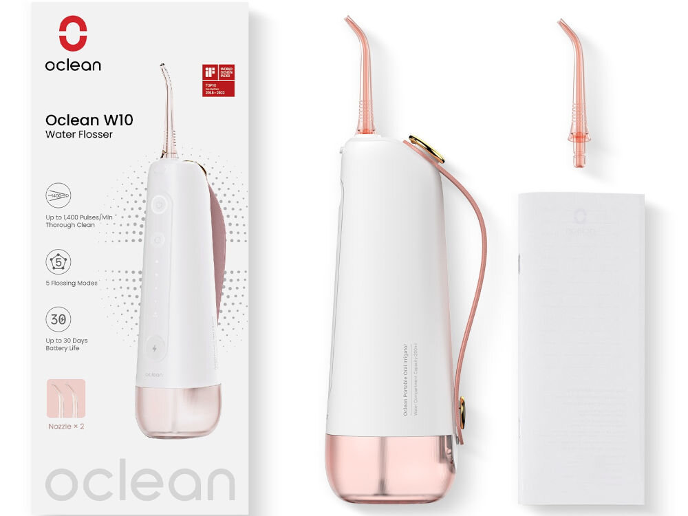 Na obrazie widoczny jest irygator OCLEAN W10 w kolorze różowym z opakowaniem. Na opakowaniu znajduje się logo \'oclean\' oraz tekst: \'Oclean W10 Water Flosser, Up to 1400 Pulses/min Thorough Clean, 5 Flossing Modes, Up to 30 Days Battery Life, Nozzle x 2\'.