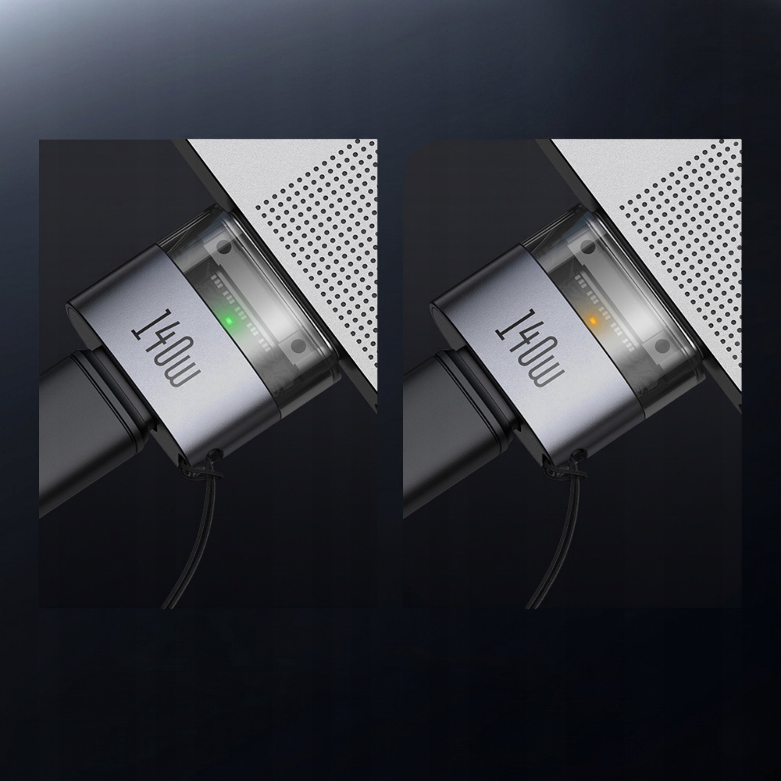 Obraz przedstawia dwa zbliżenia adaptera magnetycznego z napisem \'140W\', podłączonego do urządzenia. Na jednym z adapterów świeci się zielona dioda, a na drugim pomarańczowa.