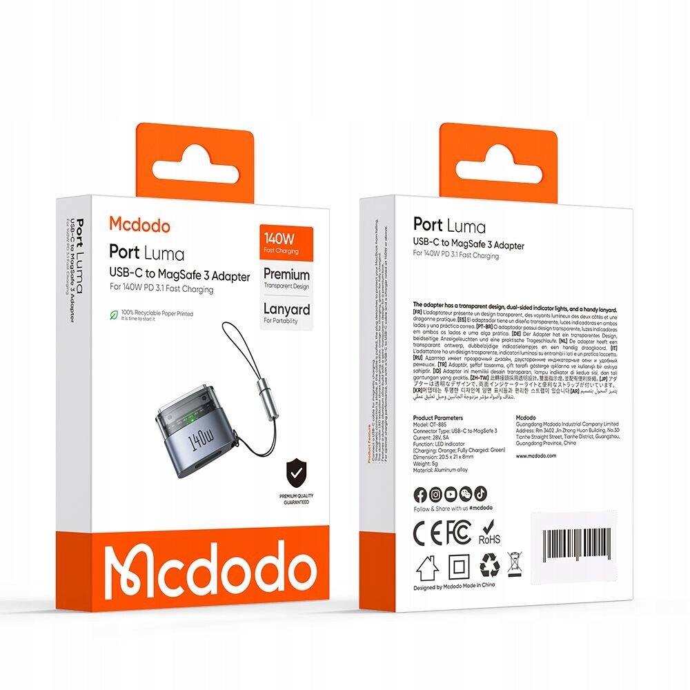 Opakowanie produktu Mcdodo Port Luma USB-C to MagSafe 3 Adapter z oznaczeniem 140W Fast Charging. Widoczne są informacje o premium designie, smyczy oraz logo Mcdodo.