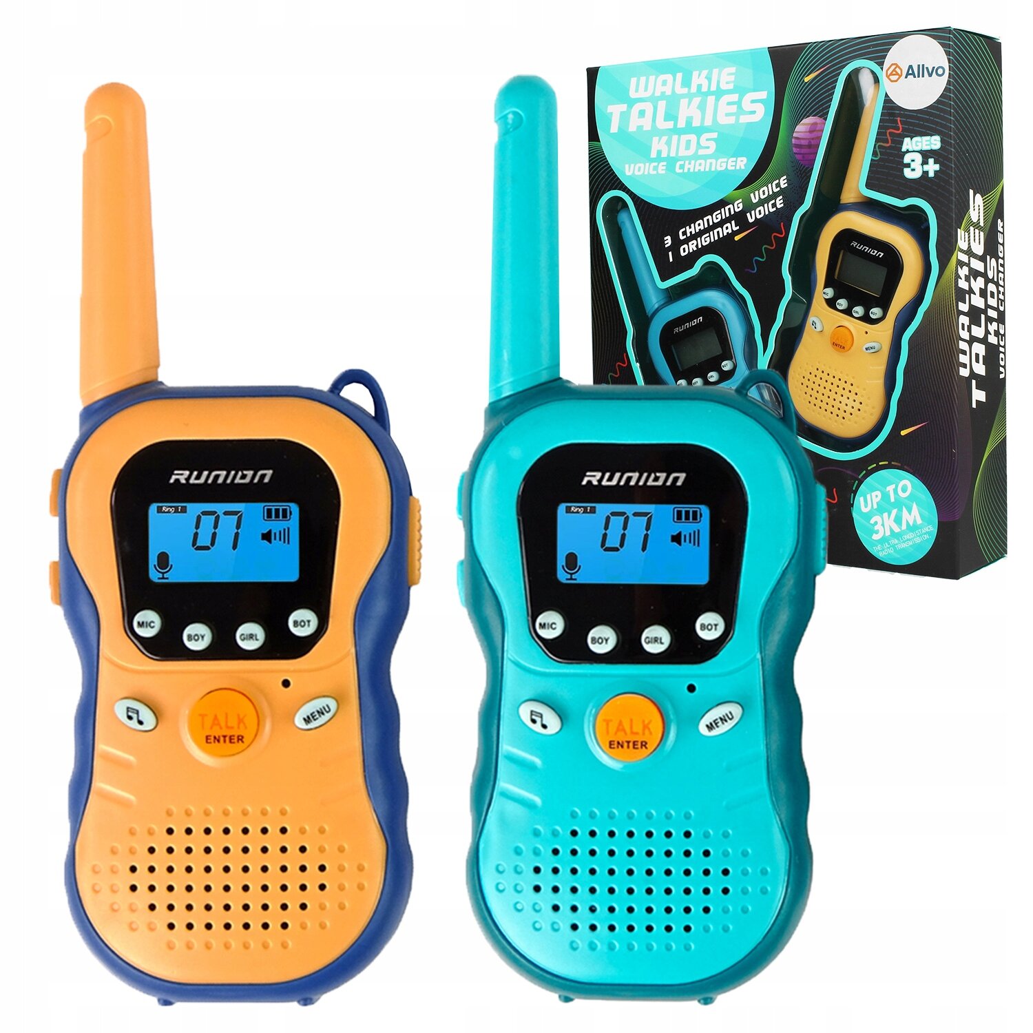 Dwa walkie-talkie dla dzieci, jedno w kolorze pomarańczowym z niebieskimi elementami, drugie w kolorze niebieskim z pomarańczowymi elementami, oba z wyświetlaczem LCD pokazującym \'07\'. W tle widoczne jest opakowanie z napisem \'WALKIE TALKIES KIDS VOICE CHANGER\' oraz informacją \'UP TO 3KM\'.