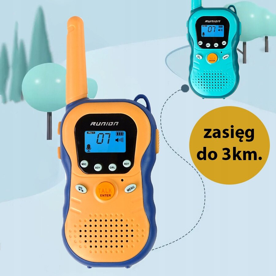 Na obrazku znajdują się dwa walkie-talkie w kolorach pomarańczowym i niebieskim z wyświetlaczami LCD. Obok widnieje napis \'zasięg do 3 km.\'.