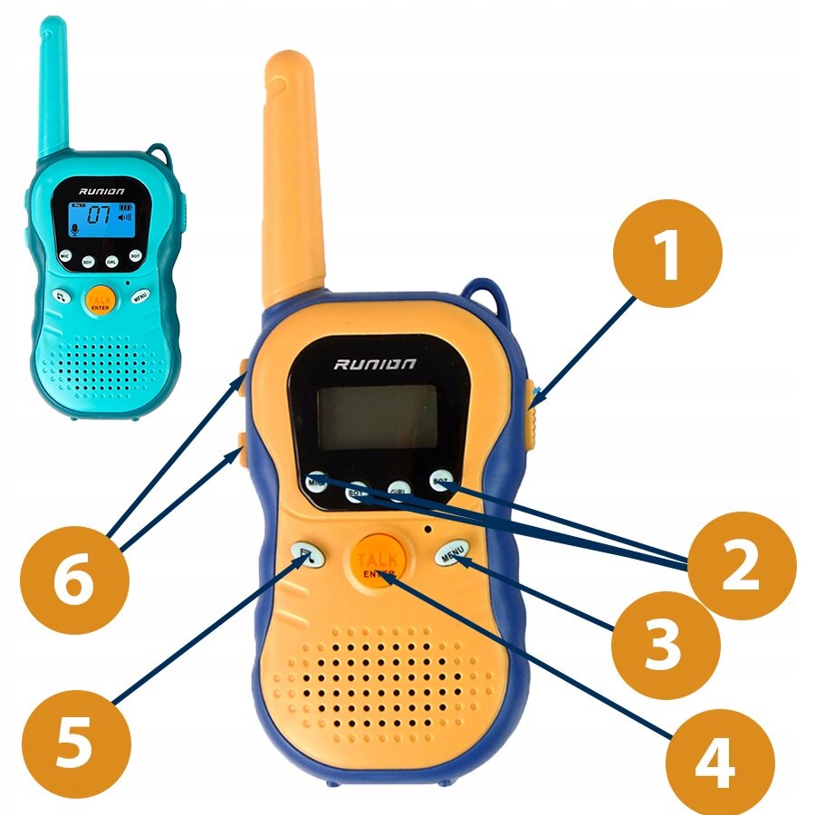Na obrazie znajdują się dwa walkie talkie w kolorach pomarańczowym i niebieskim, z wyświetlaczem LCD i przyciskami. Widoczne jest logo \'RUNION\' oraz oznaczenia numeryczne wskazujące na różne elementy urządzenia.