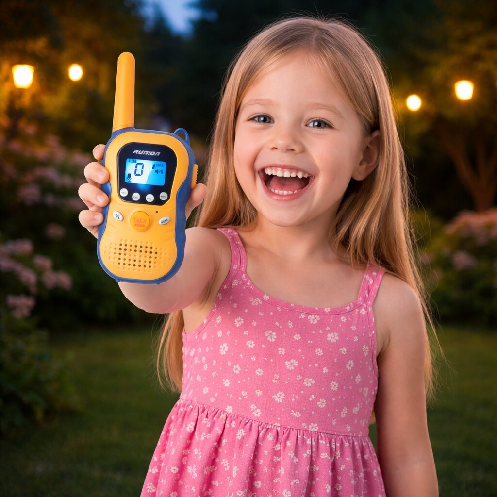 Dziecko trzyma żółto-niebieskie walkie talkie z wyświetlaczem LCD, na którym widoczny jest napis \'MENU\'.