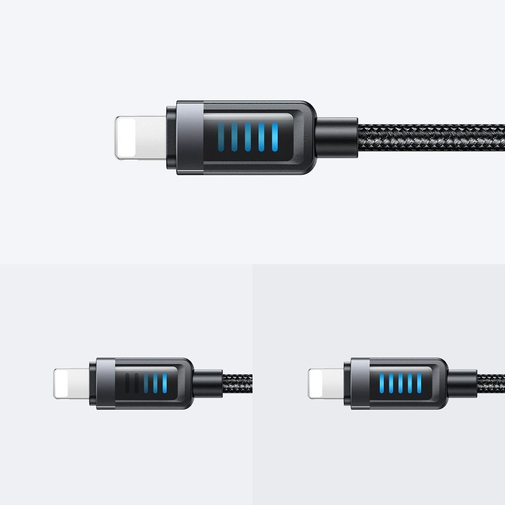 Obraz przedstawia trzy złącza kabla USB-C Lightning z plecionym przewodem i podświetleniem LED w kolorze niebieskim na obudowie złącza.