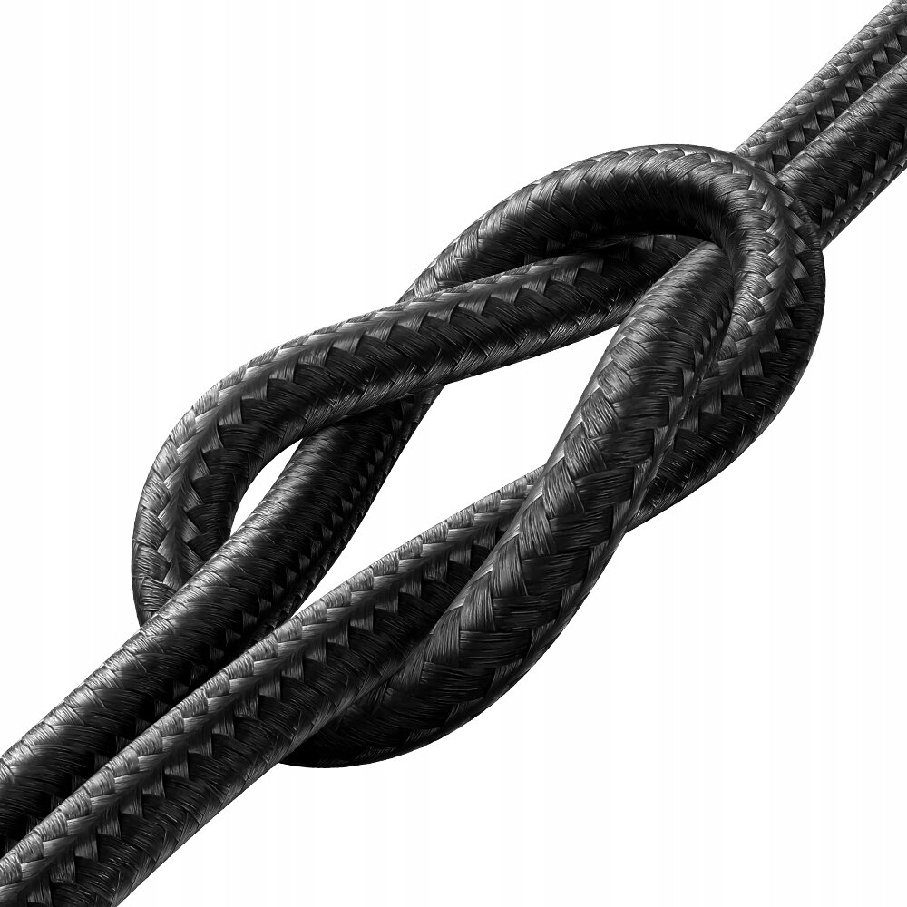 Czarny kabel z plecionym oplotem, zawiązany w węzeł.