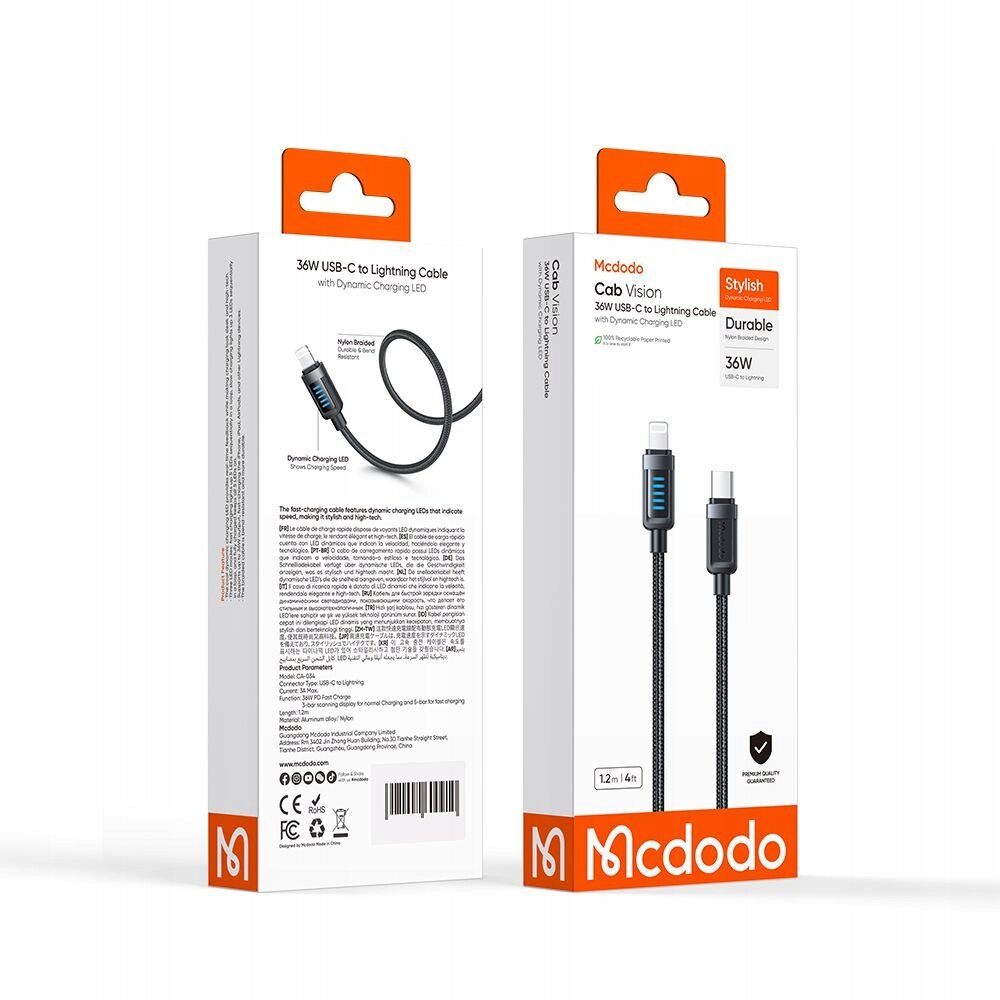 Opakowanie kabla Mcdodo USB-C do Lightning o mocy 36W z dynamicznym wskaźnikiem LED. Na opakowaniu widoczne są zdjęcia kabla oraz informacje o jego trwałości i długości 1,2m (4ft).