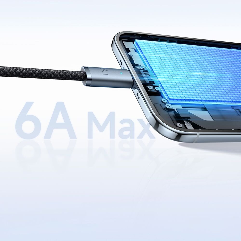 Obraz przedstawia kabel USB podłączony do smartfona, z widocznym napisem \'6A Max\'.