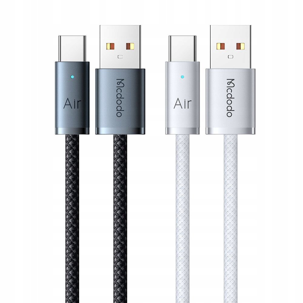 Obraz przedstawia dwa kable USB z końcówkami USB-A i USB-C. Na końcówkach widoczne są napisy \'Air\' i \'Mcdodo\'.
