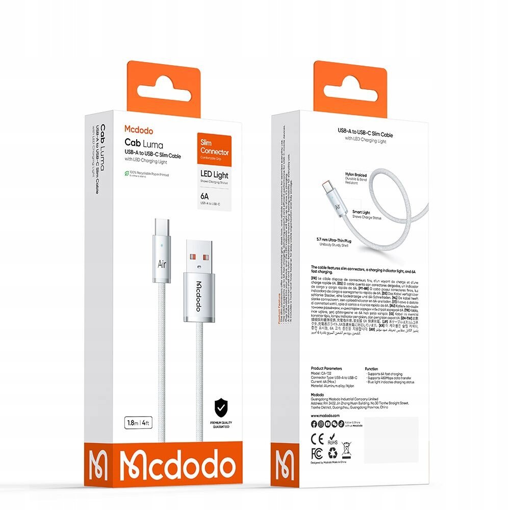 Opakowanie kabla Mcdodo USB-A do USB-C z szybkim ładowaniem, o długości 2 metrów, z białym oplotem i wskaźnikiem LED. Na opakowaniu widoczne są informacje o parametrach technicznych, takich jak 6A i 100W, oraz logo Mcdodo.