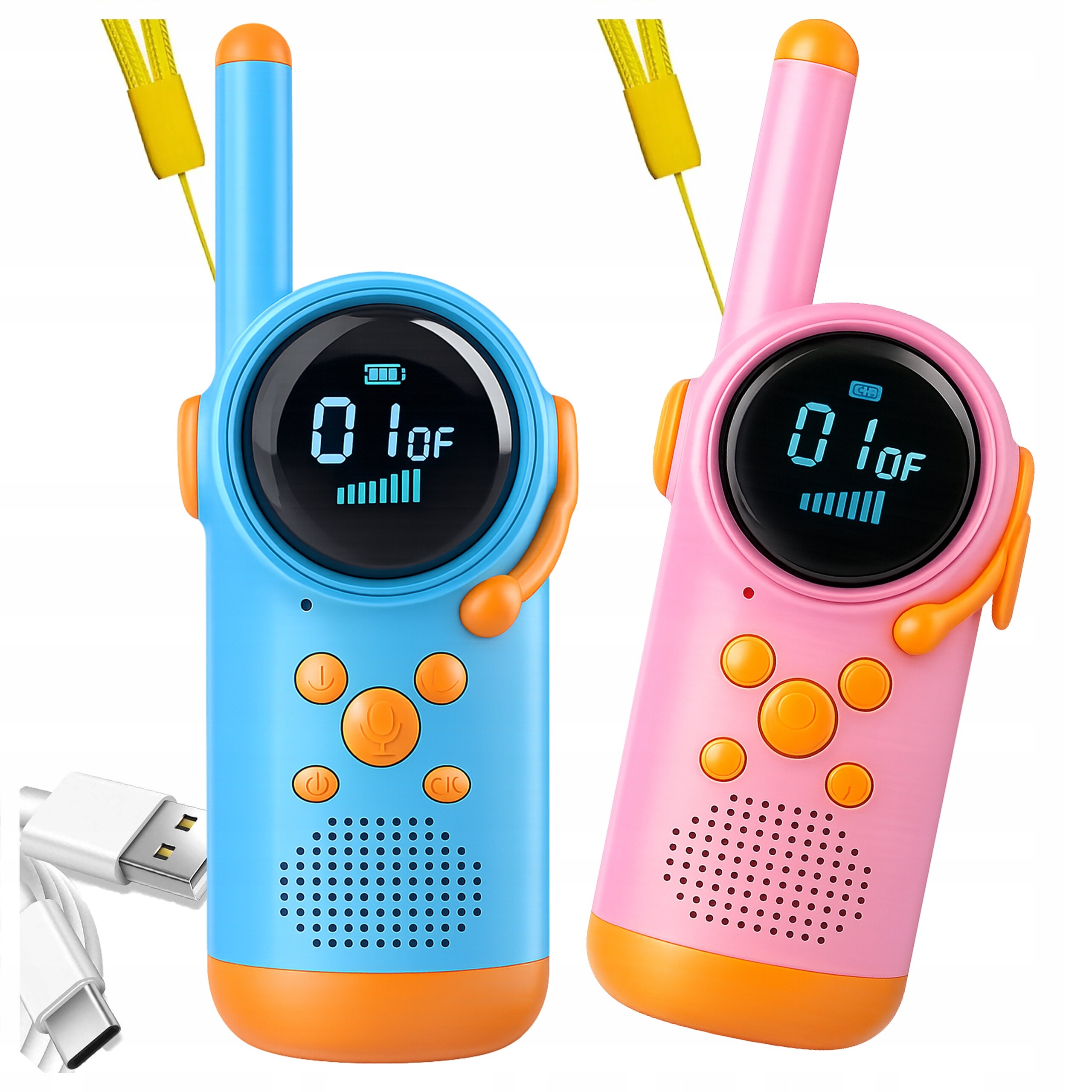 Na obrazie znajdują się dwa kolorowe walkie talkie, jedno niebieskie i jedno różowe, z wyświetlaczem pokazującym \'01 OF\'. Obok widoczny jest kabel USB-C.