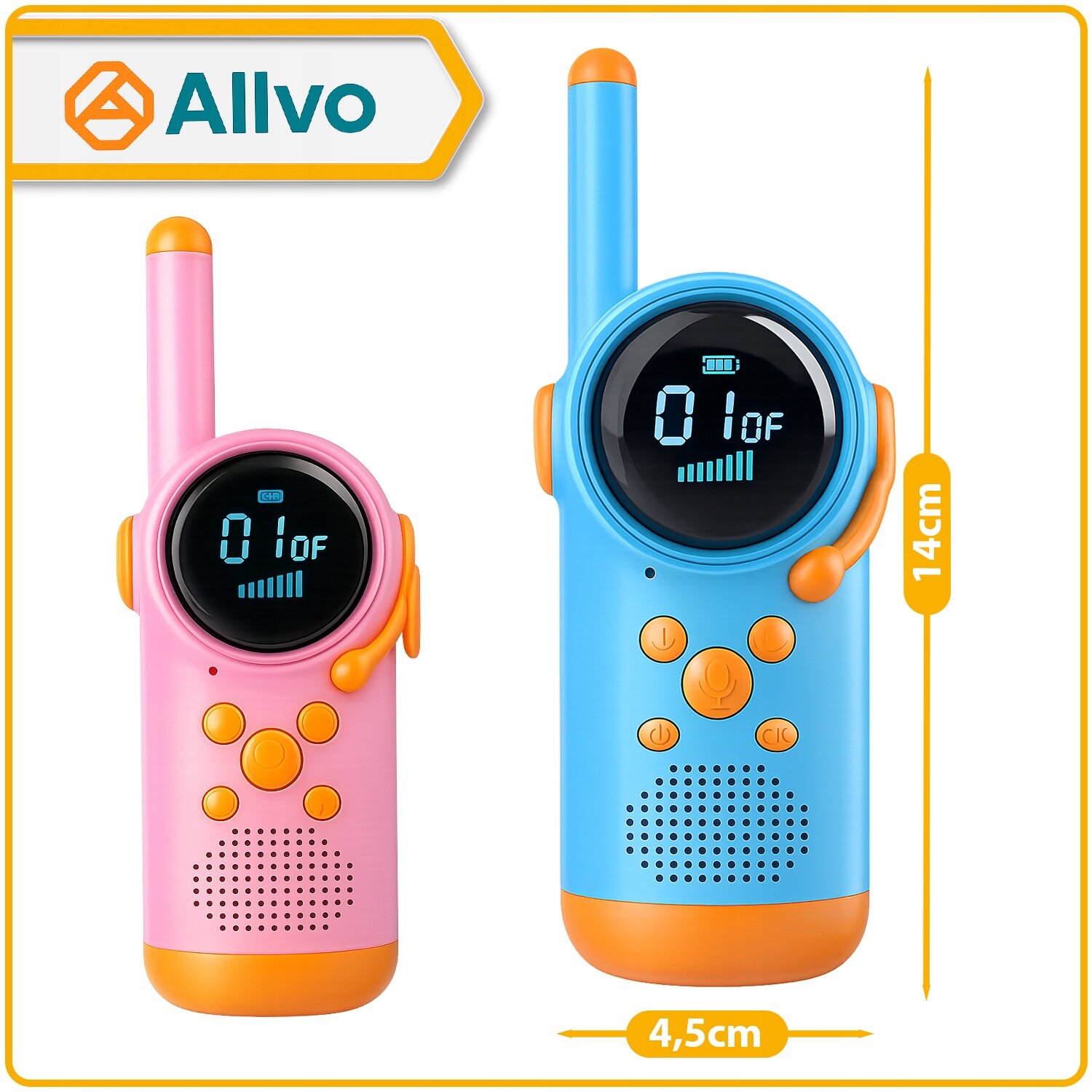 Na obrazie znajdują się dwa walkie talkie w kolorach różowym i niebieskim z pomarańczowymi elementami, z wyświetlaczami pokazującymi \'01 OF\'. Widoczne jest logo \'Allvo\' oraz wymiary 14 cm wysokości i 4,5 cm szerokości.