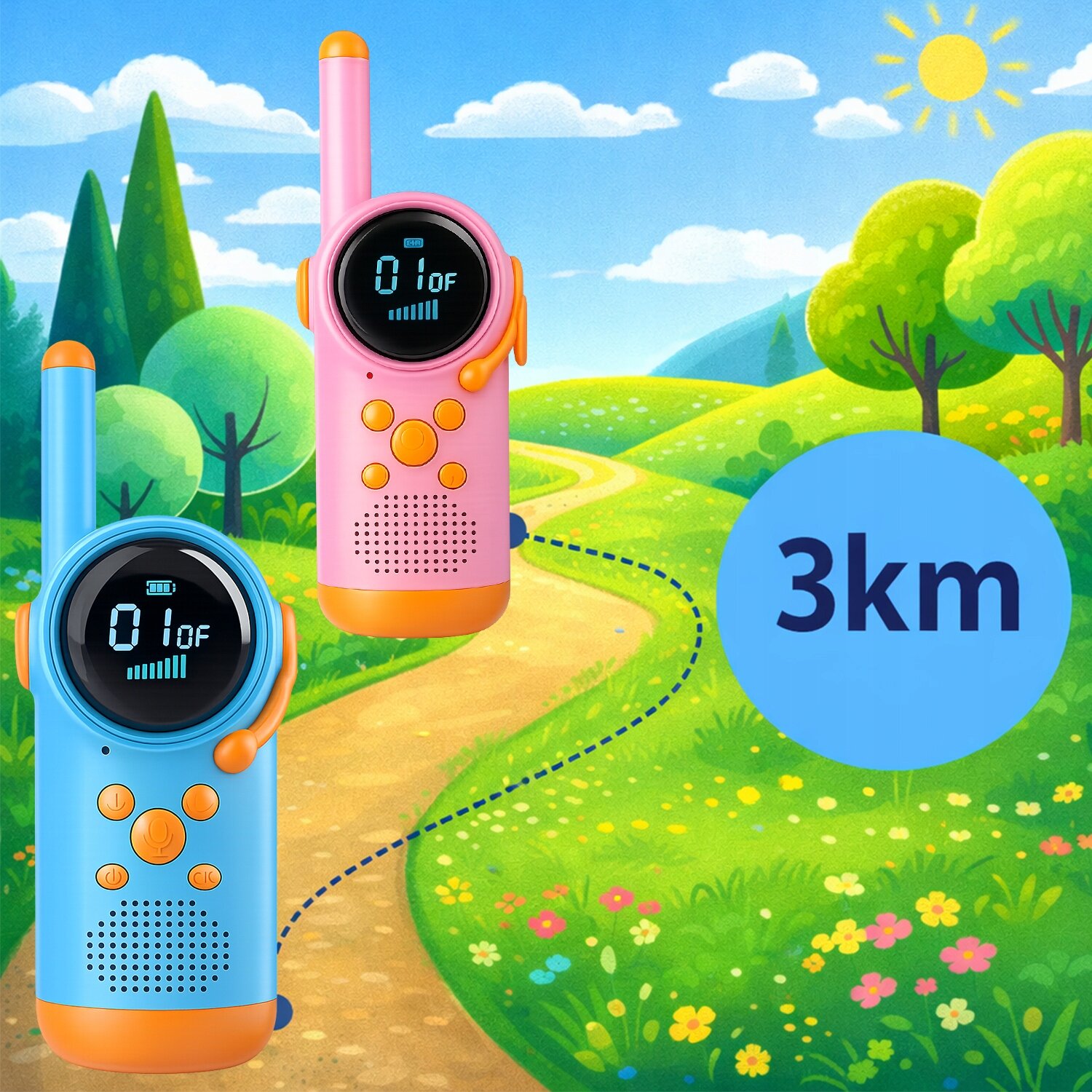 Na ilustracji znajdują się dwa kolorowe walkie talkie, jedno niebieskie i jedno różowe, z wyświetlaczami pokazującymi \'01 OF\'. W tle widoczny jest rysunkowy krajobraz z zielonymi wzgórzami i ścieżką, a obok napis \'3km\'.