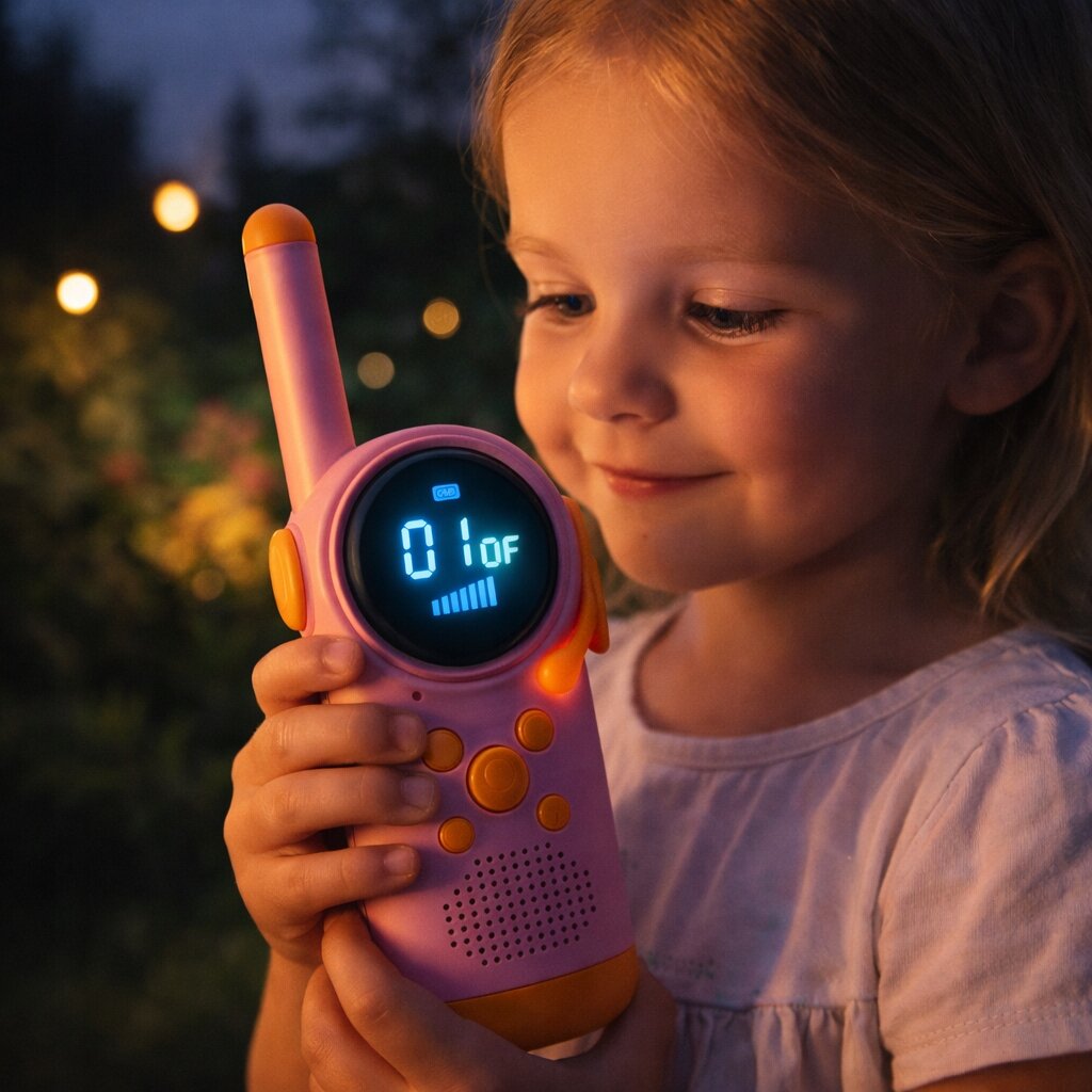 Dziecko trzyma różowe walkie talkie z wyświetlaczem pokazującym \'01 OF\'. W tle widoczne są rozmyte światła i roślinność.