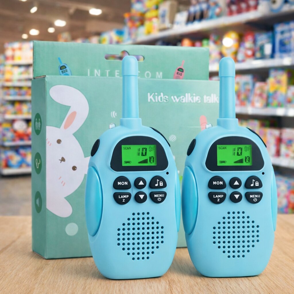 Na drewnianym blacie znajdują się dwie niebieskie krótkofalówki z wyświetlaczami i przyciskami. W tle widoczny jest karton z grafiką królika i napisem \'Kids walkie talkie\'.