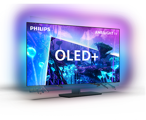 Telewizor z napisem \'PHILIPS\', \'AMBILIGHT tv\' i \'OLED+\' na ekranie, wyświetlający kolorową grafikę z efektem świetlnym wokół obudowy.