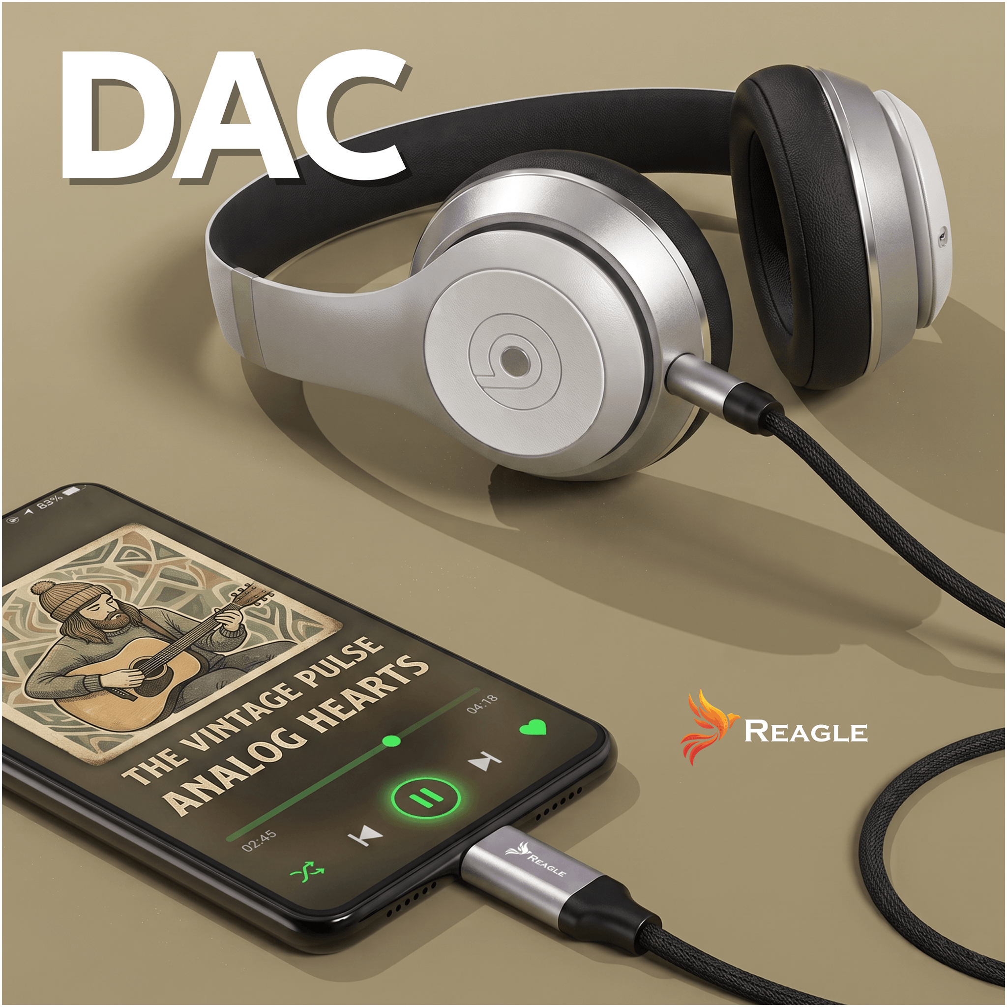 Na obrazie widoczne są srebrne słuchawki podłączone do smartfona za pomocą kabla USB C - Jack 3,5 mm z logo Reagle. Na ekranie telefonu wyświetlana jest okładka albumu \'The Vintage Pulse Analog Hearts\' z odtwarzaczem muzyki.