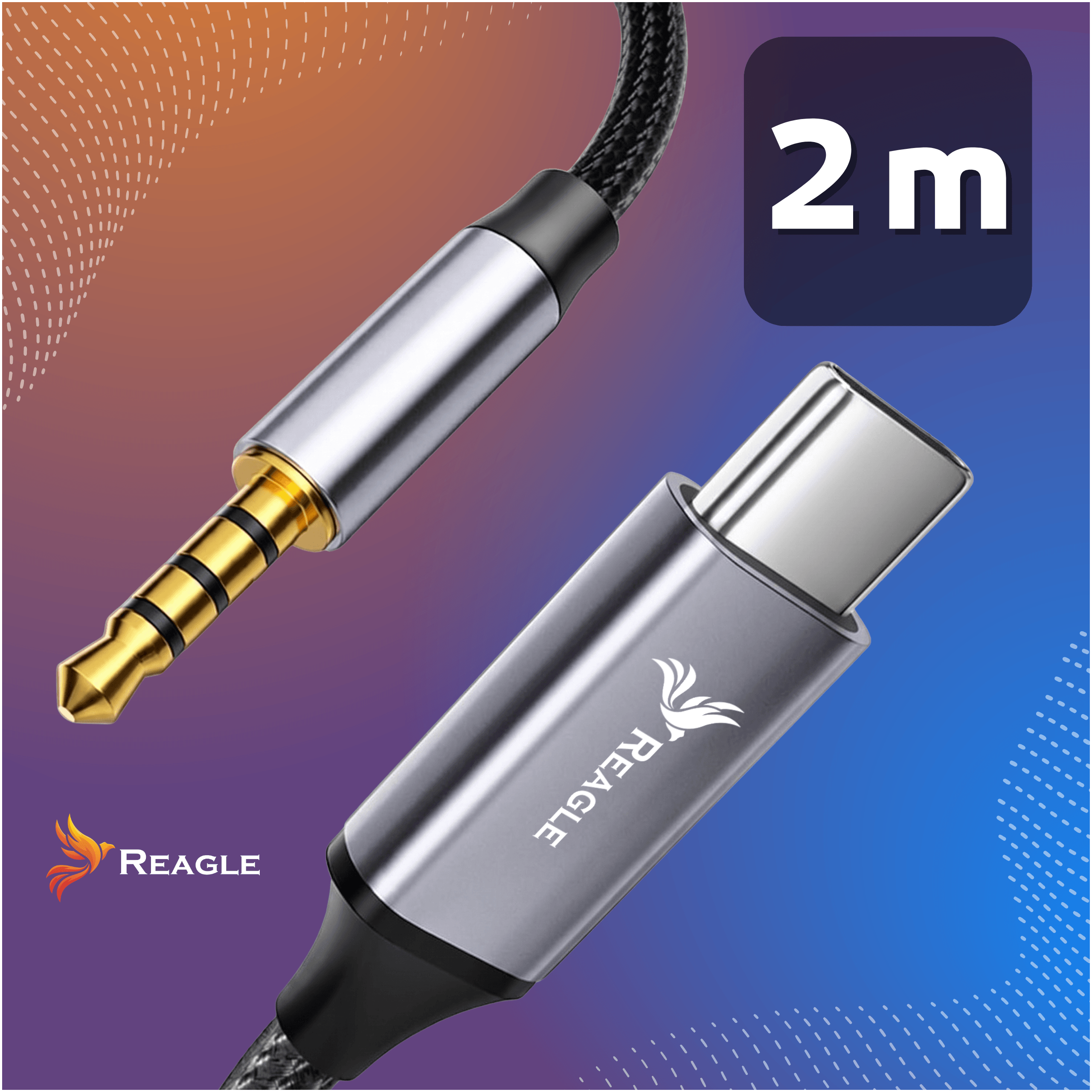 Obraz przedstawia kabel z końcówkami USB C i Jack 3,5 mm, z logo REAGLE na tle gradientu pomarańczowo-niebieskiego. Widoczny jest napis \'2 m\'.