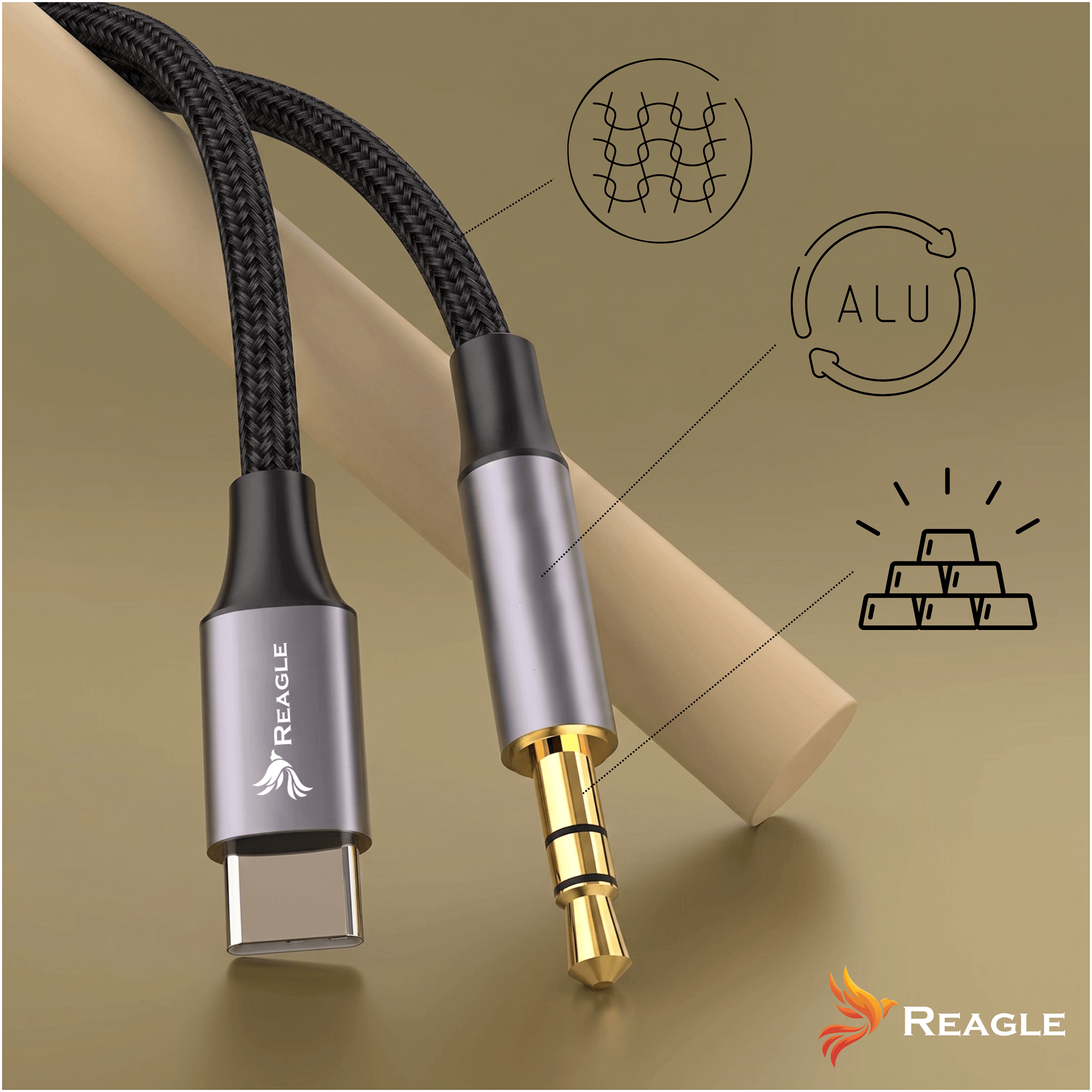 Obraz przedstawia kabel USB C - Jack 3,5 mm z plecionym czarnym przewodem i metalowymi końcówkami. Widoczne są symbole przedstawiające strukturę plecionki, oznaczenie \'ALU\' oraz ikona sztabek złota, a także logo REAGLE.
