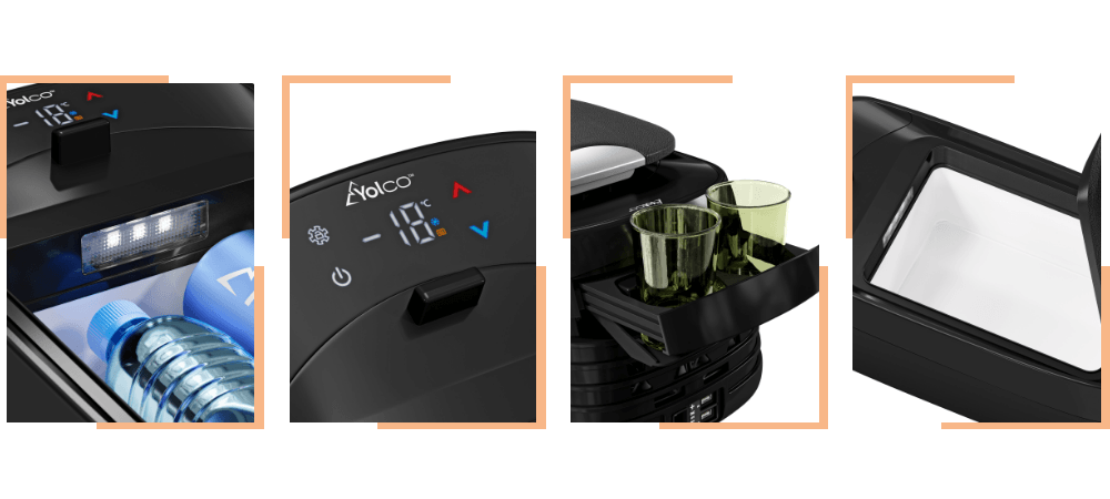 LODÓWKA YOLCO CX8 PRZENOŚNA KOMPRESOROWA Grafiki pokazują szczegóły urządzenia, m.in. oświetlone wnętrze, panel sterowania z temperaturą oraz wysuwaną półkę z miejscem na napoje. Widoczna jest także wewnętrzna komora lodówki lodówka mobilna szybkie chłodzenie mrożenie produkty w podróży