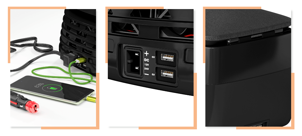 LODÓWKA YOLCO CX8 PRZENOŚNA KOMPRESOROWA Zbliżenia prezentują porty zasilania (12V/24V i USB-A) oraz zamkniętą obudowę lodówki z miękką pokrywą. Pokazano także przewody i sposób podłączenia urządzenia port USB-A ładowanie urządzeń gniazdo zasilania wygodne użytkowanie