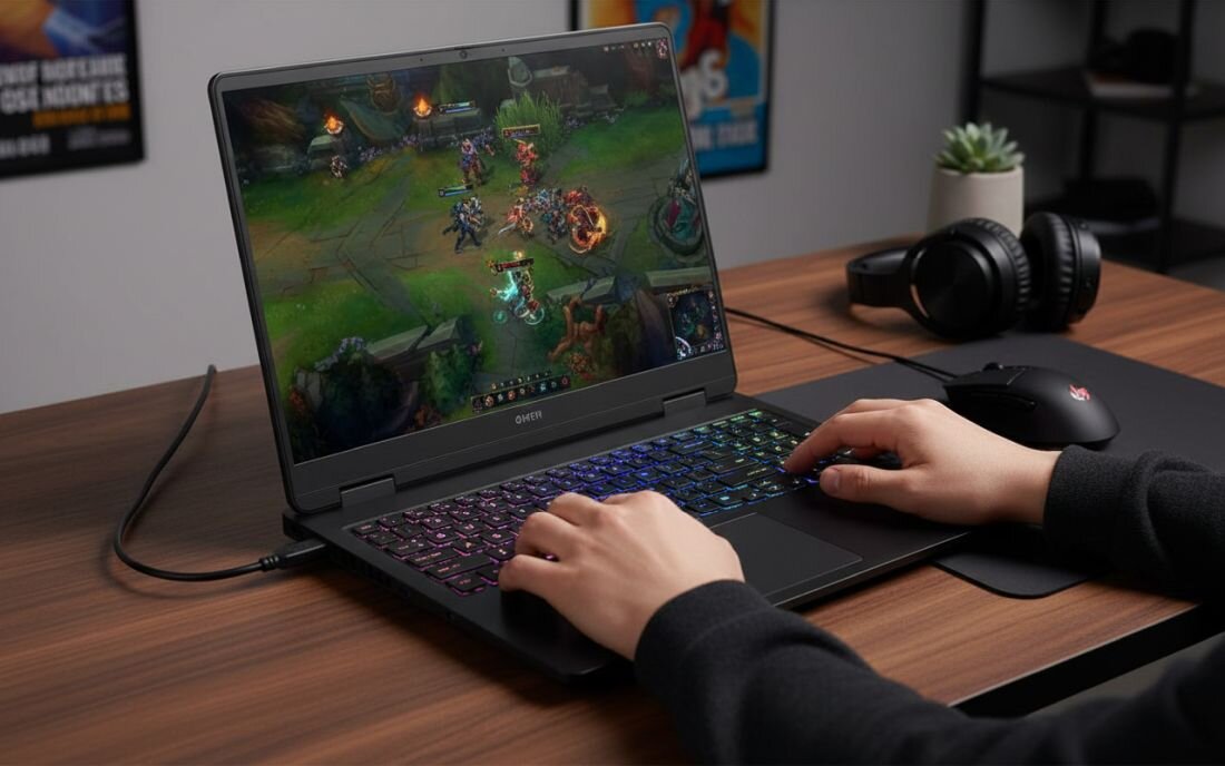 Osoba gra na laptopie z kolorową klawiaturą, na ekranie widoczna jest gra komputerowa. Na biurku obok laptopa znajdują się słuchawki i myszka.