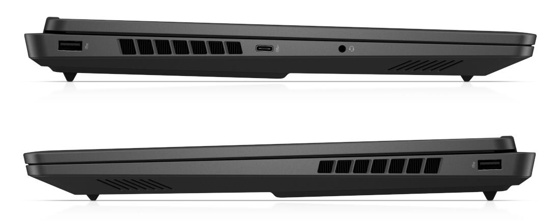 Obraz przedstawia dwa laptopy widziane z boku, z widocznymi portami i otworami wentylacyjnymi. Laptopy są zamknięte i mają ciemną obudowę.