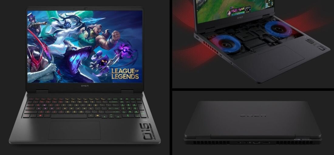 Laptop z kolorową klawiaturą i ekranem wyświetlającym grę \'League of Legends\'. Widoczne są także dwa wentylatory chłodzenia oraz zamknięta pokrywa z logo producenta.